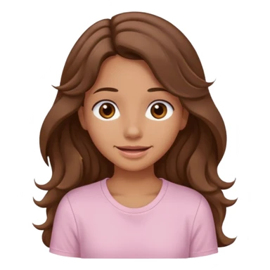 A pretty girl with tan skin and long brown wavy hair, wearing a very light pink basic shirt with brown eyes and a closed mouth smile sticker