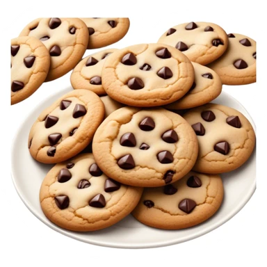 Cinematic Realistic Cookies Dessert Emoji, showcasing a plate of freshly baked cookies with gooey chocolate chips rendered with lifelike textures and warm, homey lighting. sticker