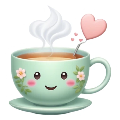 Cute Kawaii Tea Cup, steaming with warmth, a charming smiling face, soft pastel tones, delicate floral patterns, a tiny heart-shaped tea bag tag, cozy and inviting! sticker
