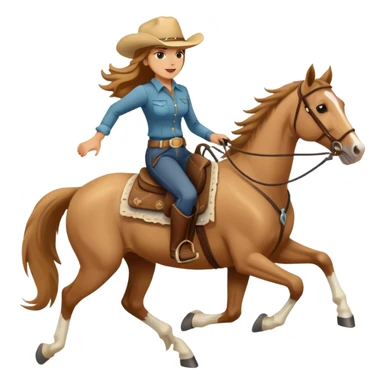 palomino horse running with a woman rider with brown hair and a cowboy hat sticker