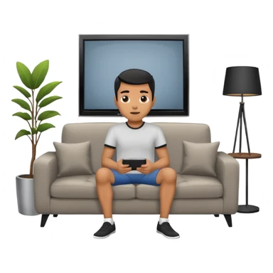 A man photographed from behind, sitting on a sofa and watching the news on TV on a modern flat screen. The setting is a living room. sticker