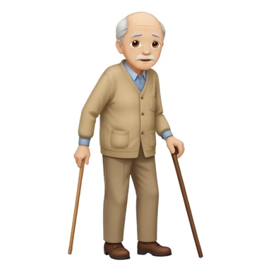 An old men leaning on a single cane walking with the other hand on his back to express back pain sticker