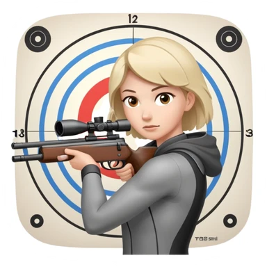An athlete in shooting stance, focused on the target, holding a precision rifle. The background features a shooting range with targets set at various distances, highlighting control, concentration, and accuracy in the sport of competitive shooting. sticker