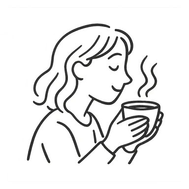 casual pen sketch style emoji: woman in profile with a gentle smile, both hands around a steaming coffee cup, minimalistic lines, mostly black and white, cozy and peaceful vibe, expressive face sticker