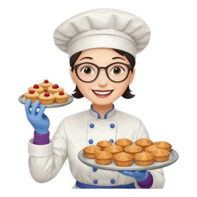Older female pastry chef – round glasses, oven mitts on, holding a tray of pastries.

 sticker