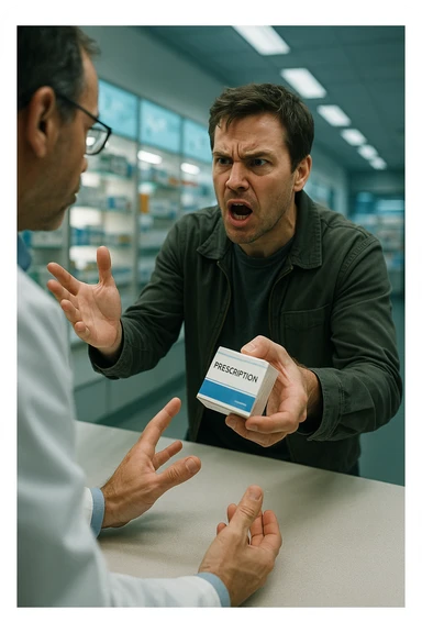 Cinematic Frustrated man at pharmacy counter demanding immediate pain relief medication, expression of impatience wanting instant symptom elimination, ignoring pharmacist's questions about underlying causes, grabbing prescription bottle eagerly, symptom suppression taking priority over healing, modern medicine aisle promising quick fixes for complex health problems" in italiano sticker