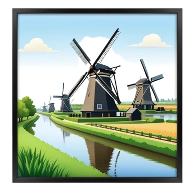 cinematic-realistic-kinderdijk-windmills-landmark-emoji,-showcasing-traditional-dutch-windmills-aligned-along-a-tranquil-canal,-with-lush-green-fields in a picture frame sticker