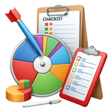 An icon featuring a pie chart, a clipboard with a checklist, and a megaphone, symbolizing management and marketing. The design includes upward-trending graphs and a target with an arrow, representing strategy and success. Transparent background highlights business organization and promotion. sticker