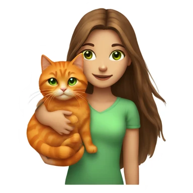 girl with long brown hair and green eyes holding a fluffy orange cat sticker