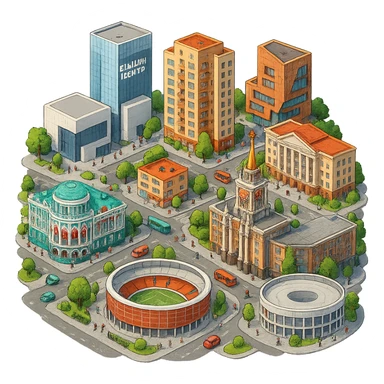 Изометричная миниатюрная фотореалистичная 3D модель Екатеринбурга - Дом Севастьянова, Ельцин-центр, Уральский федеральный университет, дома, Екатеринбург Арена, Медный дом, Здание Свердловского городского совета народных депутатов четкая детализация, яркие цвета, мультяшный реализм, люди, автотранспорт, компактная композиция, вид сверху в изометрии, прозрачный фон sticker