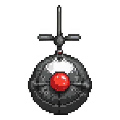 Remote control bomb, black round bomb with antenna and red button, pixel art style sticker