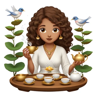 Light brown skin girl, long curly brown flat hair, gold jewelry, white dress, feeding birds with wooden tea ceremony tray with lotus flower sticker