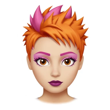A person emoji with light skin, short spiky orange hair swept to one side, matching pink eyebrows, brown eyes, an oval-shaped face, a small nose, and dark lipstick. sticker