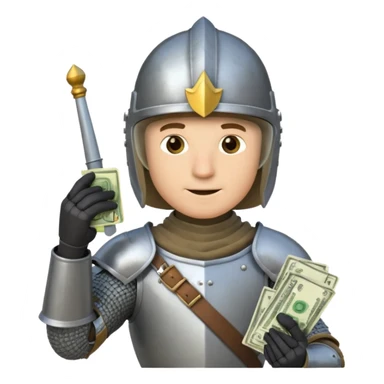 Knight with helmet holding phone and money sticker