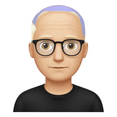 bald blonde man with eyeglasses with black shirt sticker