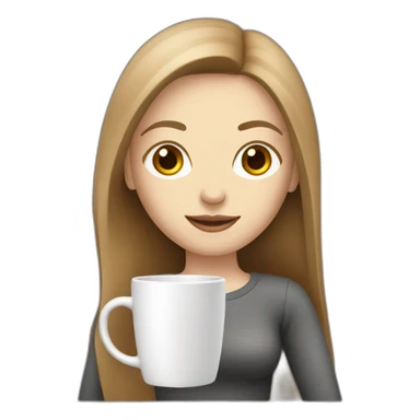 woman with pale skin and brown long straight hair holding a laptop and a coffee mug sticker