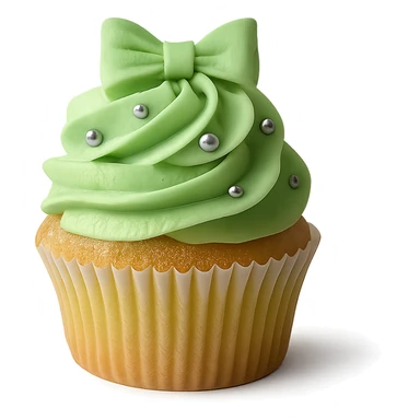 Change the icing to pistachio (light green), keep the realistic cupcake and accessories, photorealistic style, transparent background. Maintain the photorealistic look and details of the cupcake and accessories with a light green pistachio icing. Remove the background to make it transparent. sticker