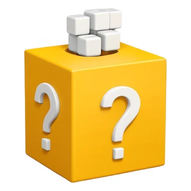  yellow cube shaped box over stuffed with white question mark cubes sticker