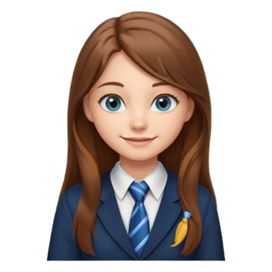 high school class room with a pretty female high school student with long brown hair, blue eyes, wearing a tie, sitting in front of the blackboard sticker