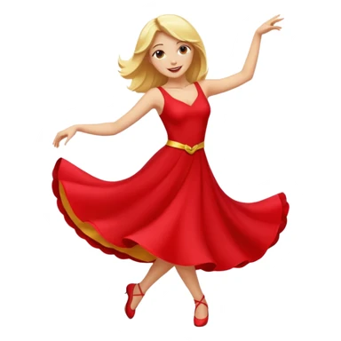 a yellow-blonde woman dancing wearing a red dress, in flat emoji / Apple style, smooth shapes, glossy highlights, bright saturated colors, simple features, minimal details, no outlines, red clothes flowing, joyful pose
 sticker