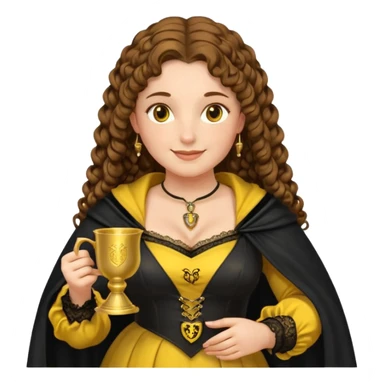 Helga Hufflepuff, brown-haired, 2 curly thick brown braids, yellow-black medieval dress, black cloak decorated with gold lace, tiny two-handled shiny yellow-gold cup, very kind smile, curvy busty sweet woman, thick rosy cheeks sticker