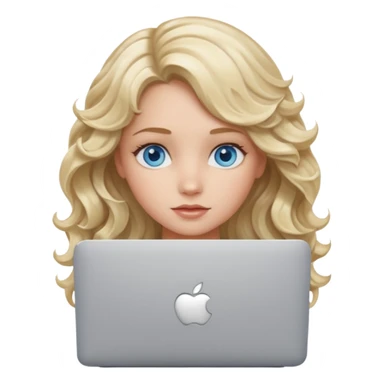 blond girl, blue eyes, hair wavy, , behind her silver colored laptop from apple sticker