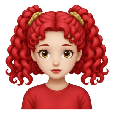 Give her long curly hair with two space buns up and red clothes sticker