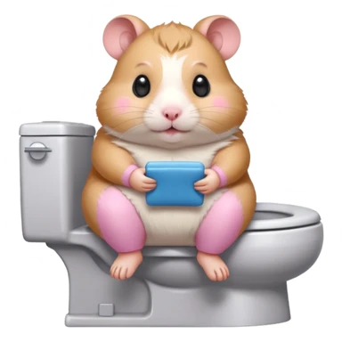 Cute chubby cartoon-style hamster sitting on toilet, sticker-style illustration sticker
