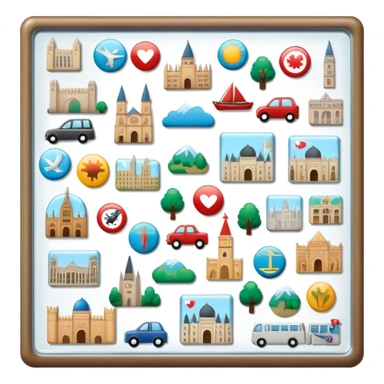 Icon for Magnet Collecting: a magnetic board on a wall displaying a collection of various magnets from different places, featuring cities, animals, and symbols. The icon should evoke the joy and uniqueness of a diverse magnet collection. Transparent background. sticker