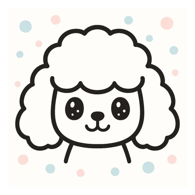 minimalist kawaii poodle dog head: large, fluffy, round head, puffy curly ears hanging down, very simple face with dot eyes, small round nose, upside-down 'Y' mouth. thick, bold, clean black lines, white background, no color or shading. calm, sweet, symmetrical, child-friendly, hand-drawn but polished look. sticker