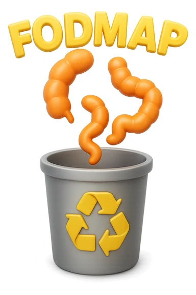 scritte "FODMAP" e pezzi di colon cadono in un secchio della spazzura con simbolo "recycle" sopra, stile emoji iphone, iperrealistico 4k sticker