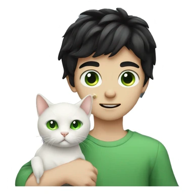 pale boy with black hair holding a cat with green eyes sticker