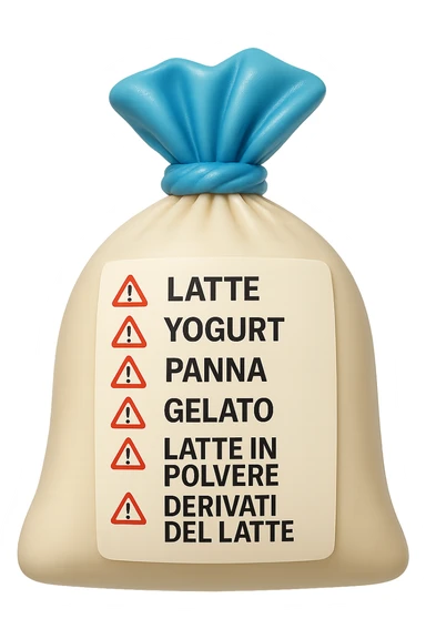 SU QUESTO STILE FAI UN EMOJI STILE IPHONE 3D DI UNa busta di mozzarelle con ETICHETTA CON GLI INGREDIENTI SCRITTI, "latte, yogurt, panna, gelato, latte in polvere, derivati del latte." accanto ad ogni nome scritto mettici un segnale di allarme, FALLO MOLTO REALISTICO IN 3D sticker