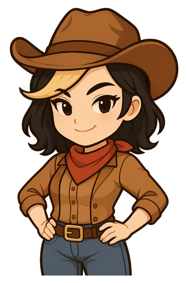 Chibi cowgirl with slightly longer hair and a blonde streak, wearing a cowboy hat and western outfit, no guns, chibi/anime style, transparent background, sized for Twitch or Discord use. Pose: hands on hips, smirking expression. sticker