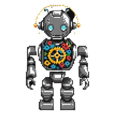robot with gears and data streams pixel art sticker