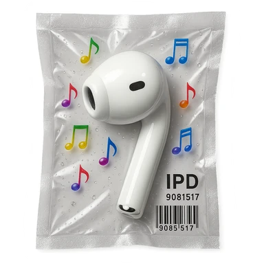 single white EarPod with scattered tiny rainbow glass music notes, glossy sticker