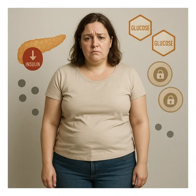 Realistic 38-year-old woman, slightly overweight, fat on abdomen and face, in a neutral environment. Expression tired and frustrated. Around: stylized pancreas with low insulin icon, glucose molecules, cells with closed padlocks. Realistic style with medical symbols. sticker