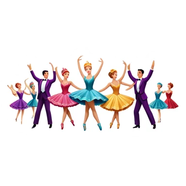 Icon for Musical Movie: A vintage movie poster-style design with a lively, colorful scene—dancers in glamorous costumes, bright lights, and musical notes floating in the air. Include elements like a grand stage, a spotlight, and instruments. Retro cinematic feel. Transparent background. sticker