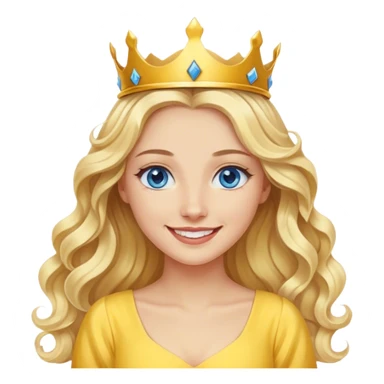 blonde woman, blue eyes, long wavy hair, smiling wearing a yellow dress and a small crown on her head  sticker
