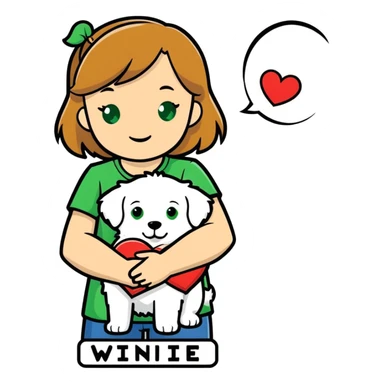 Girl with light brown hair and green eyes holding white fluffy dog with tag that says Winnie Jane in a heart sticker