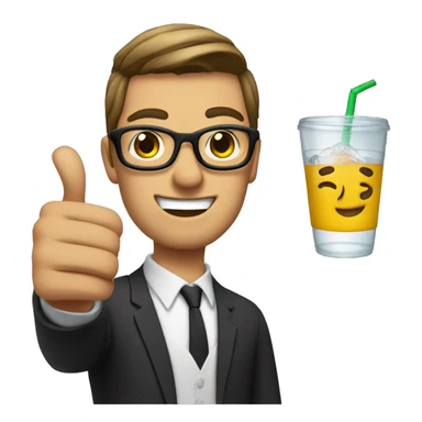 a 25-30 year old man with commahair style hair wearing glasses and giving a thumbs up with a sip sign sticker