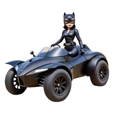 Rc toy with aerodynamic sexy fenders on Catwoman’s buxom attractive armored midnight-colored tight outfit from tv series style dark knight movie stealthy accurate sporty safe deluxe off-road fast pursuit prototype concept car (black hair, sitting back but driving aggressively) secret rally car sticker