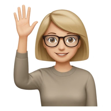 woman dark blonde petite bob haircut wears smaller squared dark  glasses, classic clothes, smiling, waving, a tad older, waving, light colored shirt sticker