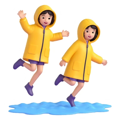 two children in raincoats jumping in a puddle, emoji style sticker