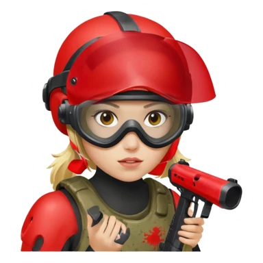 blond girl playing paintball with red paintball helmet with eye protection, only face sticker