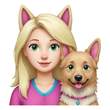 White European young woman with blue-green eyes and long blond hair with 1 pink streak in her hair with her white German Shepherd dog with pink nose and short fur sticker