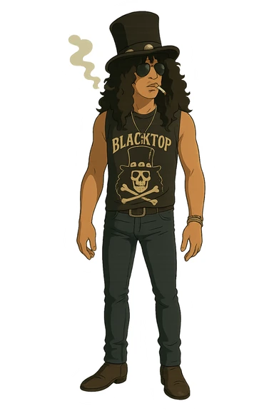 the full body of a rock star smoking a cigarette that looks like slash from guns and roses sticker