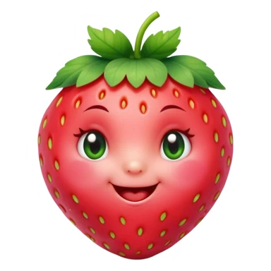 Cinematic plump happy strawberry, glossy bright red, tiny round eyes and blushing cheeks, green leafy top slightly tilted, cheerful and charming. sticker