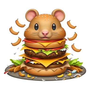 emoji-style icon of a fast food restaurant with a burger sign, overflowing garbage, flies, and two rats in the style of the apple emoji rat, dirty and unsanitary, clear at small size, no text sticker