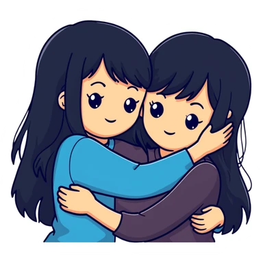 two white girls with long black hair hugging each other, one with bangs sticker